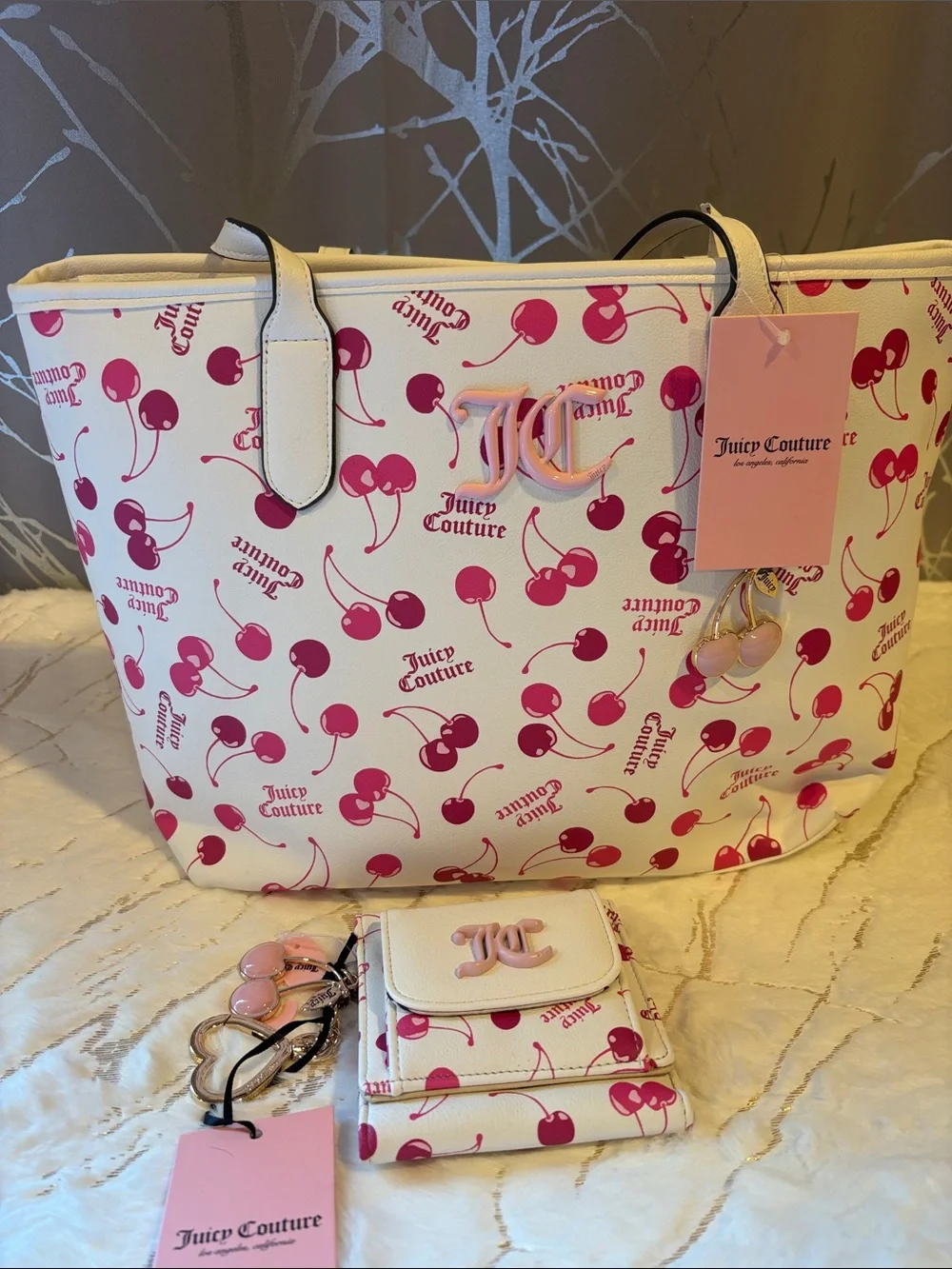 BNWT JUICY COUTURE Tote with Pink Cherry Print and Matching Wallet Set
